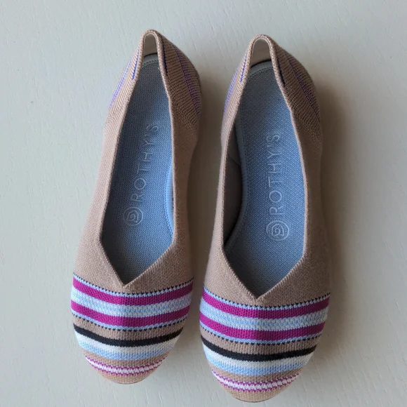 💕 Rothy's Merino Wool Flat in Camel Ribbon Stripe Merino Wool Size 6.5 - Picture 2 of 10